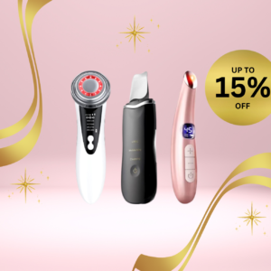 Three handheld beauty devices showcased on a soft pink background, adorned with golden ribbons and sparkles, featuring a bold 'Up to 15% Off' discount offer.